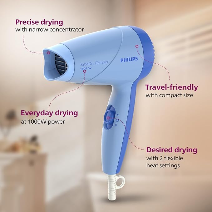 Philips Hair Dryer 1000 Watts | 2 Heat Settings (Hot/Warm) | ThermoProtect Technology prevents overheating | HP8100/60 - Blue | Perfect Blow Dry For Men & Women | 2 years Warranty - Image 4