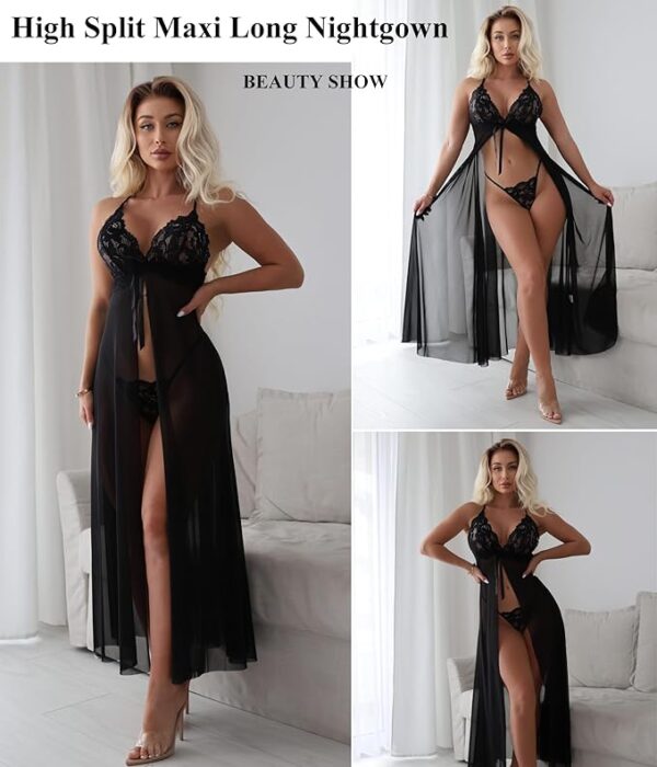 GirlFriend Women Lingerie Lace Babydoll Dress Open Front Sleepwear Long Sheer Nightgowns V Neck Nightwear for Wife, Women Wedding Valentine Special Night Occasion Festival - Image 5