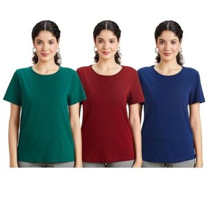 Women's Cotton Stretch Regular Fit Round Neck Half Sleeve T-Shirt Pack of 3 | Available in Plus Size)